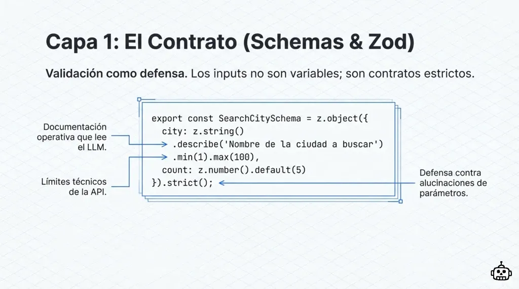 Ejemplo de esquema Zod con describe, min, max y strict como defensa contra alucinaciones de parámetros