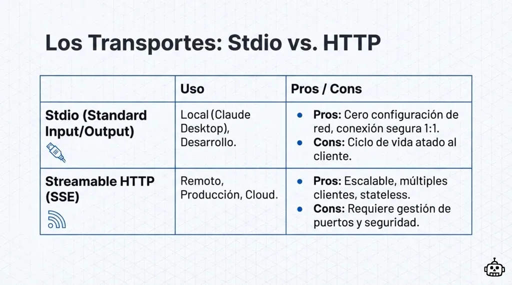 Tabla comparativa de transportes Stdio vs Streamable HTTP con pros y contras de cada uno
